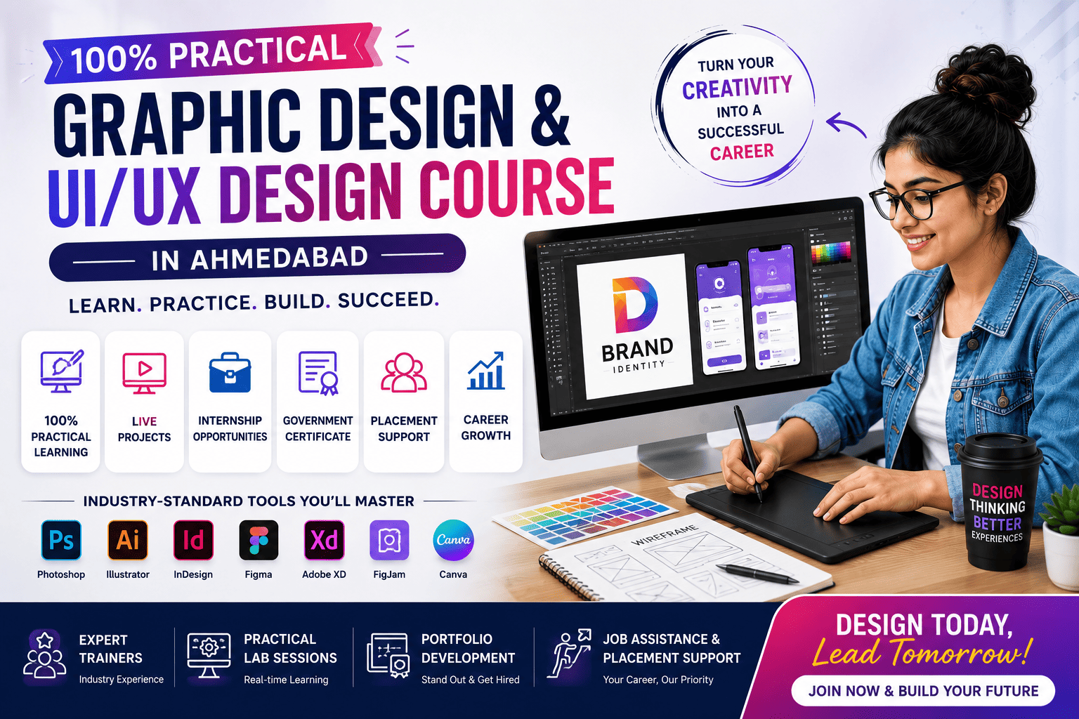 100% Practical Graphic Design & UI/UX Design Course in Ahmedabad: Live Projects, Internship, Government Certificate & Placement Support (2026 Guide)