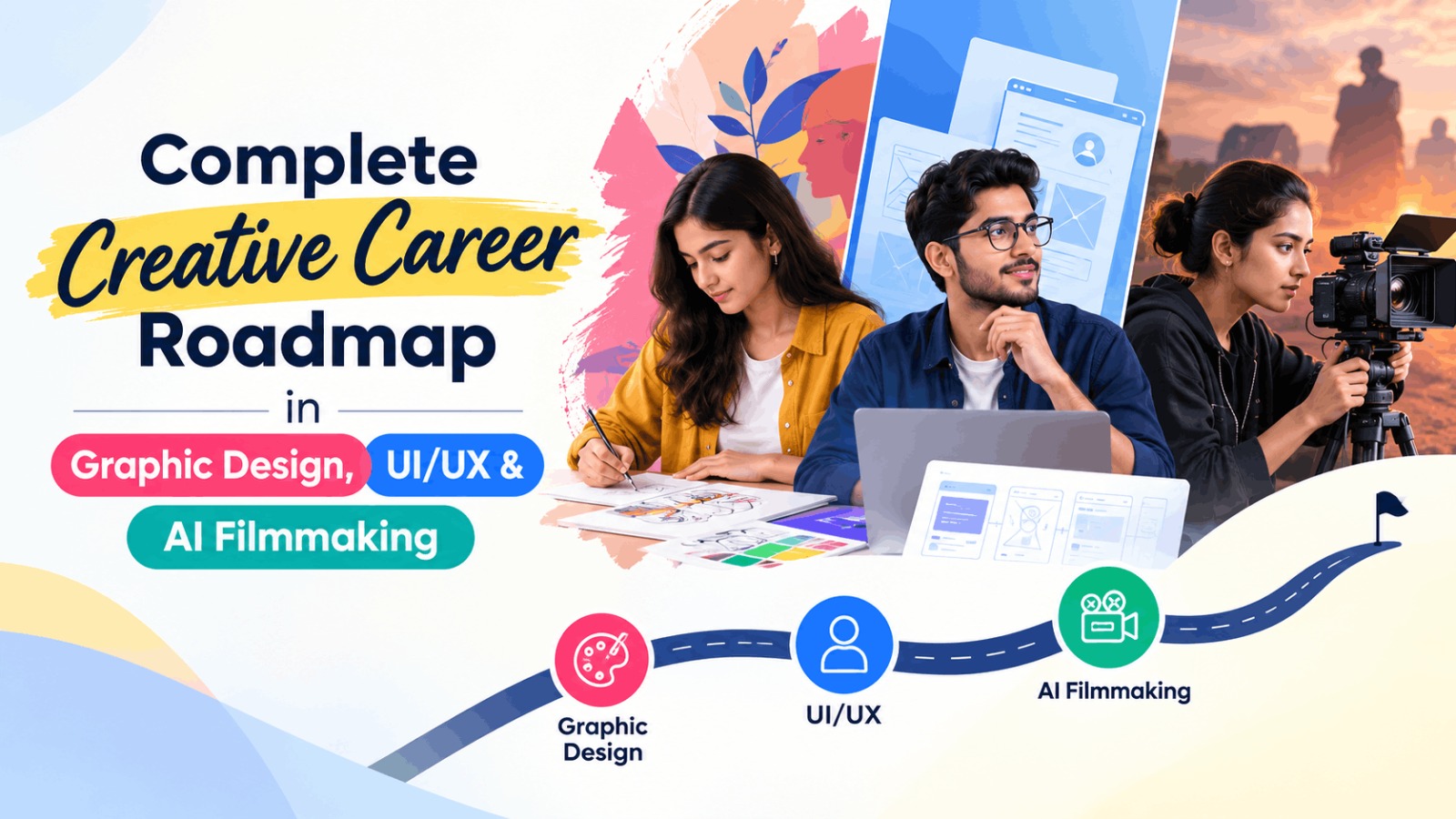 Explore the complete creative career roadmap for 2026 covering Graphic Design, UI/UX, AI Filmmaking, animation, skills, courses, careers and learning options in Ahmedabad and Gujarat.